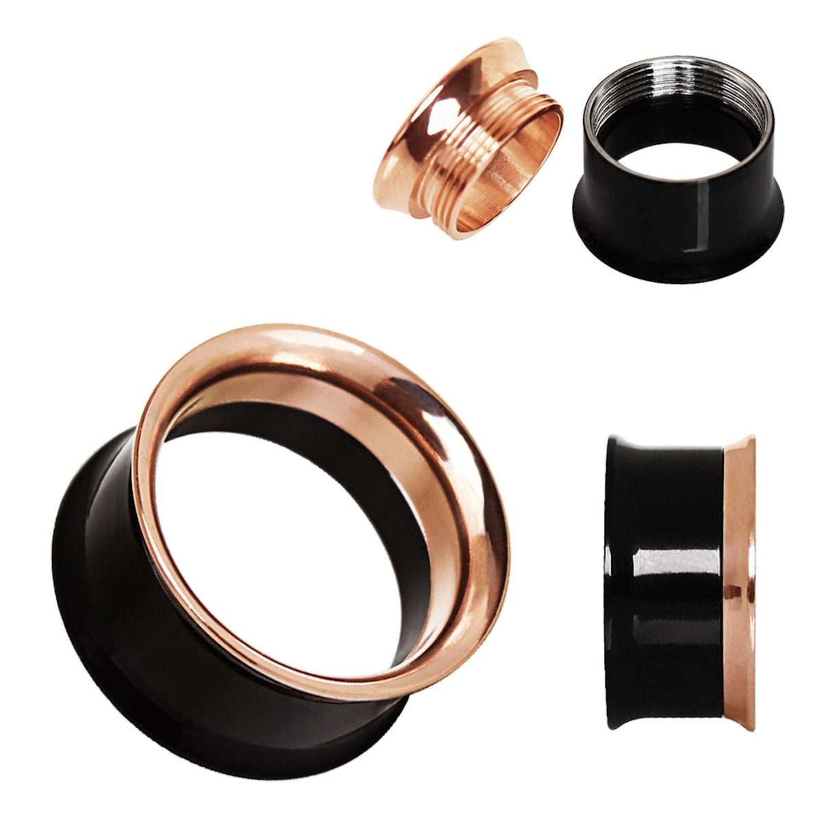 2-in-1 Black PVD Rose Gold Plated Screw Tunnel Plug, covet-body-jewelry.